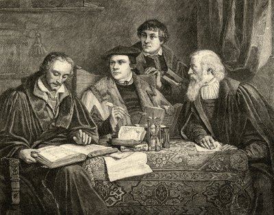 Luther, Melancthon, Pomeranus, and Cruciger translating the Bible by English School
